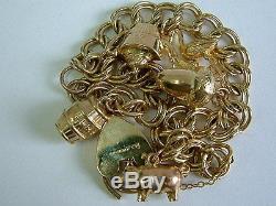 Solid 9ct Gold 1970's Open Double Linked Charm Bracelet/padlock With Five Charms