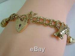 Solid 9ct Gold 1970's Open Double Linked Charm Bracelet/padlock With Five Charms