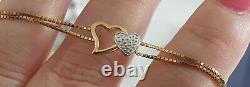 Solid 9ct Gold Natural Diamond Double Chain Double Heart Bracelet 7 Inches