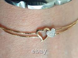 Solid 9ct Gold Natural Diamond Double Chain Double Heart Bracelet 7 Inches