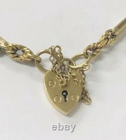 Solid 9ct Gold Vintage rope & bar link Bracelet with padlock clasp 8 inch 15.3g
