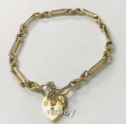 Solid 9ct Gold Vintage rope & bar link Bracelet with padlock clasp 8 inch 15.3g