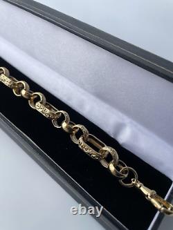Solid 9ct Yellow Gold On Silver 9 Inch Gypsy Link Men's Belcher Bracelet 12mm