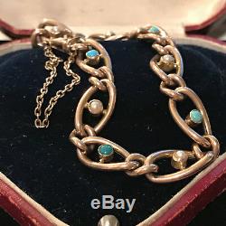 Stunning Victorian, 9ct, 9k, 375 Rose Gold Turquoise & Pearl curb bracelet C1890