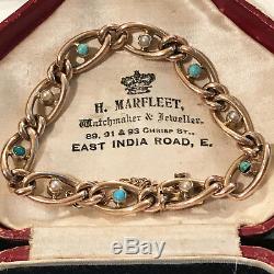 Stunning Victorian, 9ct, 9k, 375 Rose Gold Turquoise & Pearl curb bracelet C1890