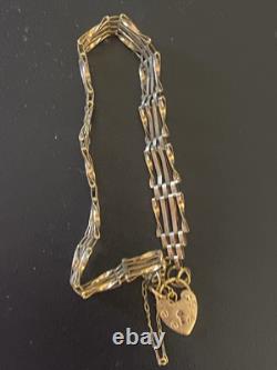 Stunning Vintage 9ct Gold 4 Bar Gate Bracelet With Heart Clasp & Safety Chain
