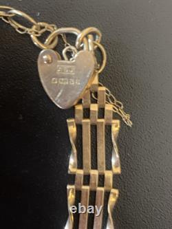Stunning Vintage 9ct Gold 4 Bar Gate Bracelet With Heart Clasp & Safety Chain