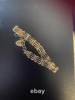 Stunning Vintage 9ct Gold 4 Bar Gate Bracelet With Heart Clasp & Safety Chain