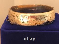 Superb 9ct Yellow 1/5th Gold Metal Core Floral Cut Hinged Bangle/Bracelet & Box