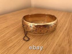 Superb 9ct Yellow 1/5th Gold Metal Core Floral Cut Hinged Bangle/Bracelet & Box