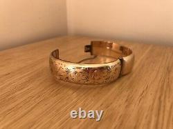 Superb 9ct Yellow 1/5th Gold Metal Core Floral Cut Hinged Bangle/Bracelet & Box