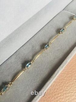 Topaz & Diamond 9ct Gold Bracelet 3.6g Swiss Blue 18cm 7 & Velvet Gift Box