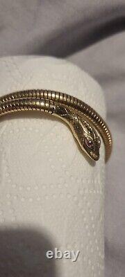 Unique 9ct Yellow Gold Expandable Snake Bangle with Ruby Eyes, 32.7 Grams