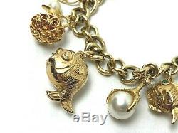VINTAGE 9ct 9k Gold 14K Gold 12 Charm Fish Pearl Shoes Bug Shell Bracelet
