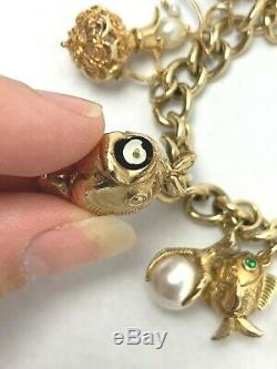 VINTAGE 9ct 9k Gold 14K Gold 12 Charm Fish Pearl Shoes Bug Shell Bracelet