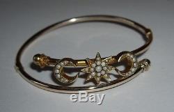 Victorian 9ct 9k Gold Stars Crescent Seed Pearl Bangle Bracelet Small Size