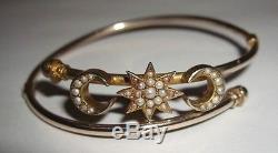 Victorian 9ct 9k Gold Stars Crescent Seed Pearl Bangle Bracelet Small Size
