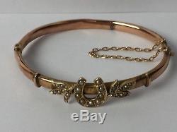 Victorian 9ct Rose Gold Seed Pearl Horse Shoe Horseshoe Bangle Bracelet Hinged