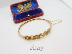 Victorian 9ct Yellow Gold, Emerald & Diamond Set Bangle Bracelet Antique c1880