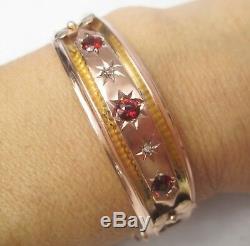 Victorian Antique 9ct Rose Gold Diamond & Garnet Hinged Bangle Bracelet