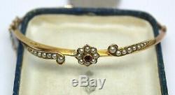 Victorian red stone seed pearl daisy cluster 9 ct gold bangle bracelet Antique