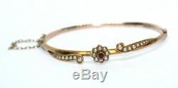 Victorian red stone seed pearl daisy cluster 9 ct gold bangle bracelet Antique
