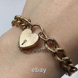 Vintage 1900 Heart Padlock Embossed Curb Chain Bracelet 9ct 9k Yellow Gold 8