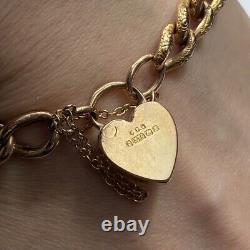 Vintage 1900 Heart Padlock Embossed Curb Chain Bracelet 9ct 9k Yellow Gold 8