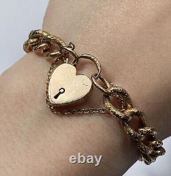 Vintage 1900 Heart Padlock Embossed Curb Chain Bracelet 9ct 9k Yellow Gold 8