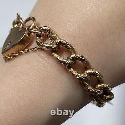 Vintage 1900 Heart Padlock Embossed Curb Chain Bracelet 9ct 9k Yellow Gold 8