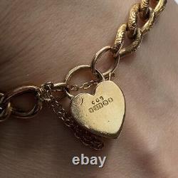 Vintage 1900 Heart Padlock Embossed Curb Chain Bracelet 9ct 9k Yellow Gold 8