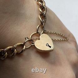 Vintage 1900 Heart Padlock Embossed Curb Chain Bracelet 9ct 9k Yellow Gold 8