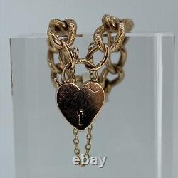 Vintage 1900 Heart Padlock Embossed Curb Chain Bracelet 9ct 9k Yellow Gold 8