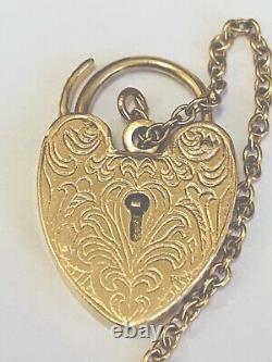 Vintage 1970s 9ct Yellow Gold Engraved Opening Heart Padlock For Bracelet