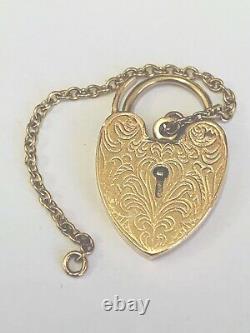 Vintage 1970s 9ct Yellow Gold Engraved Opening Heart Padlock For Bracelet