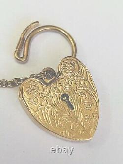 Vintage 1970s 9ct Yellow Gold Engraved Opening Heart Padlock For Bracelet