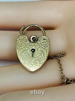 Vintage 1970s 9ct Yellow Gold Engraved Opening Heart Padlock For Bracelet