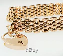 Vintage 9Ct Rose Gold 7 3/4 Bar Gate Bracelet withHeart Padlock (11mm Wide Link)