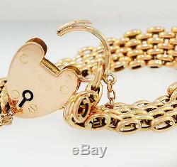 Vintage 9Ct Rose Gold 7 3/4 Bar Gate Bracelet withHeart Padlock (11mm Wide Link)
