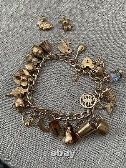 Vintage 9 ct K Gold Charm Bracelet- 1960's- With 22 Charms- 28g- Collectable
