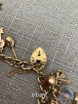 Vintage 9 ct K Gold Charm Bracelet- 1960's- With 22 Charms- 28g- Collectable