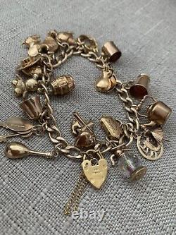 Vintage 9 ct K Gold Charm Bracelet- 1960's- With 22 Charms- 28g- Collectable