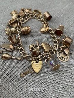 Vintage 9 ct K Gold Charm Bracelet- 1960's- With 22 Charms- 28g- Collectable