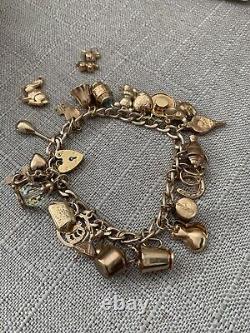 Vintage 9 ct K Gold Charm Bracelet- 1960's- With 22 Charms- 28g- Collectable