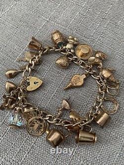 Vintage 9 ct K Gold Charm Bracelet- 1960's- With 22 Charms- 28g- Collectable