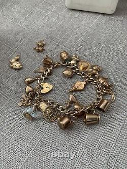 Vintage 9 ct K Gold Charm Bracelet- 1960's- With 22 Charms- 28g- Collectable