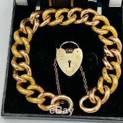 Vintage 9ct Gold 12mm Engraved & Plain Curb Link Charm Bracelet 24.2g #825