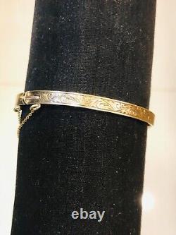 Vintage 9ct Gold 6.5 Embossed Bangle Silver Core, 9ct Gold 5 Safety Chain R140