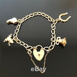 Vintage 9ct Gold Charm Bracelet with 4 Charms Heart Lock Fastener 10.5g #213