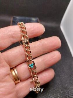 Vintage 9ct Gold Curb Link Bracelet Set With Turquoise And Pearls